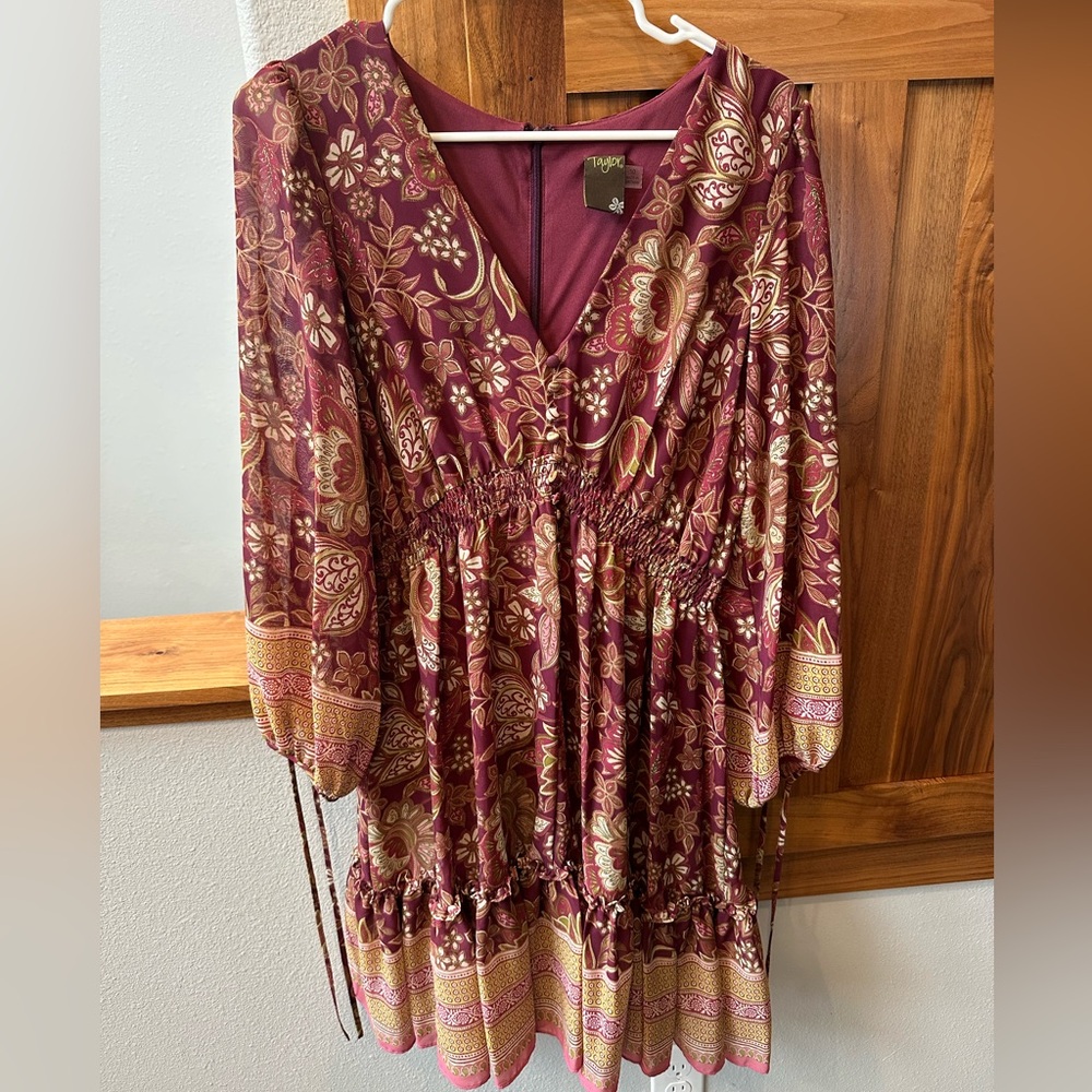 Taylor Maroon Floral Long Sleeve Dress